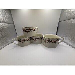 Vintage Retroneu Holiday Ribbon Christmas Porcelain Mug Set of 4 Handle